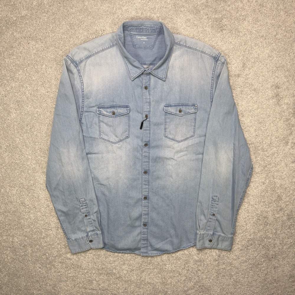 Calvin Klein Jeans Mens XL Denim Shirt Light Wash Button Up Long Sleeve Western